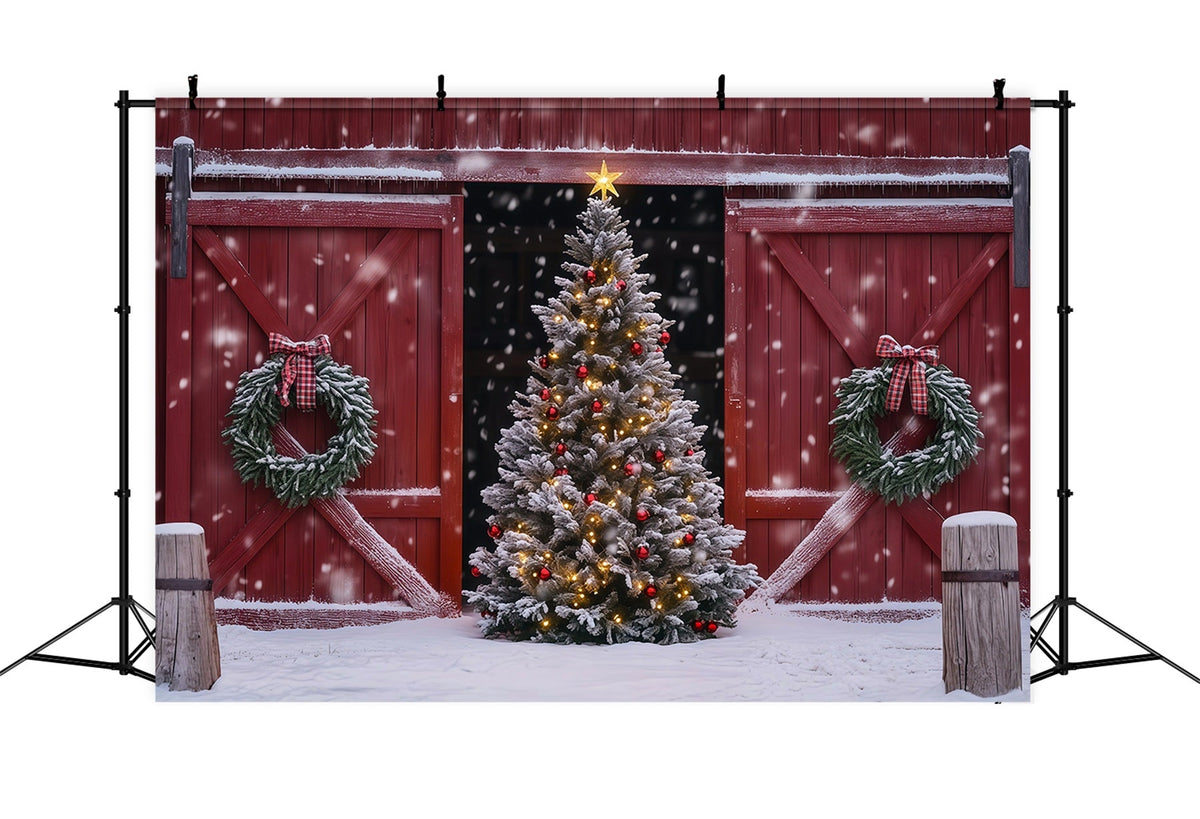 Décor De Porte De Grange De Noël Couronne De Sapin De Grange Enneigée Décors De Noël Professionnels RR69-41