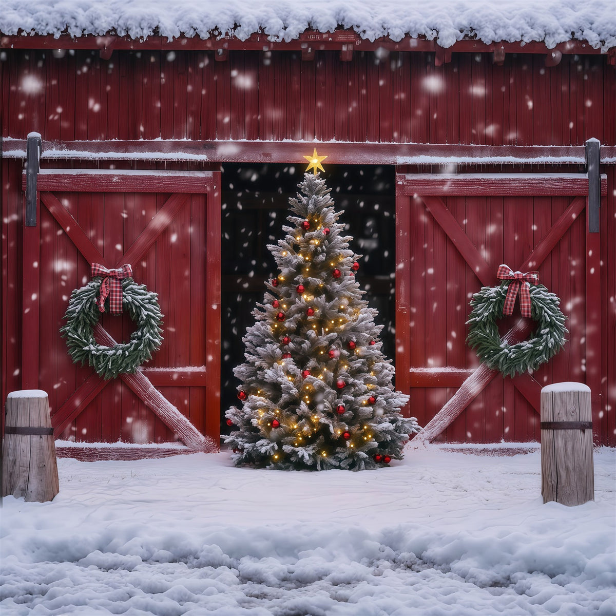 Décor De Porte De Grange De Noël Couronne De Sapin De Grange Enneigée Décors De Noël Professionnels RR69-41