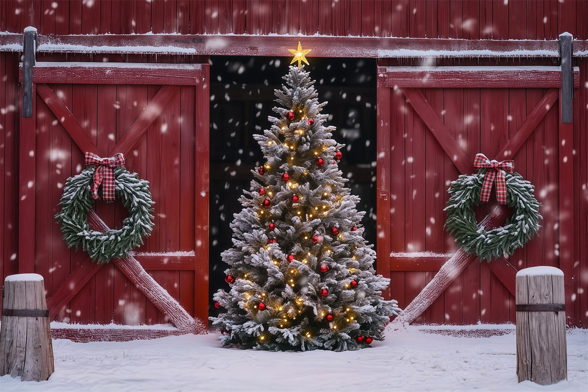 Décor De Porte De Grange De Noël Couronne De Sapin De Grange Enneigée Décors De Noël Professionnels RR69-41