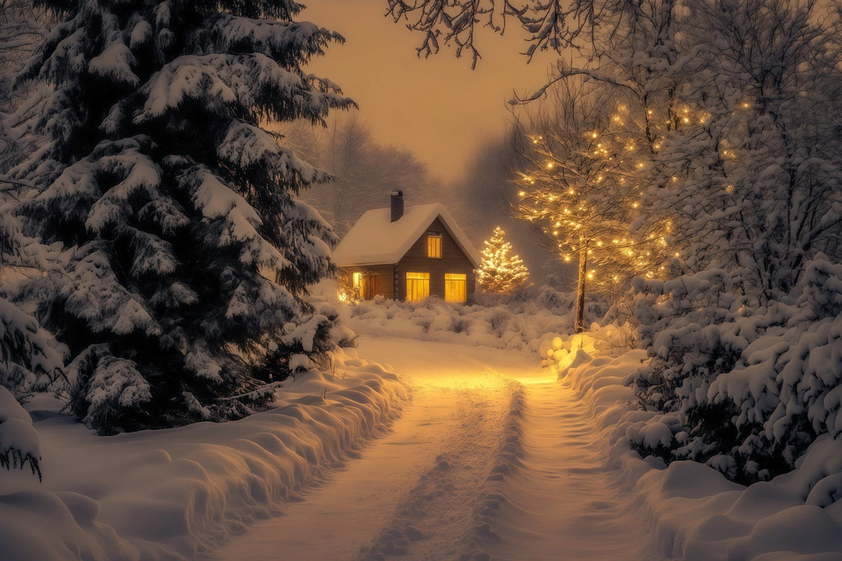Décor De Noël D'Hiver Chemin Du Chalet Dans La Forêt Enneigée Fond Photo De Noël RR69-43