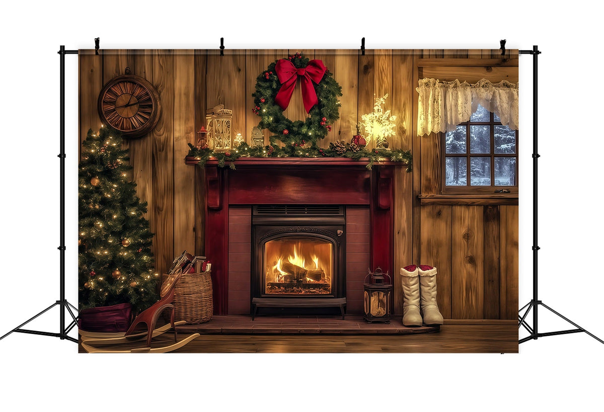 Fond De Noël En Bois Cheminée Rouge Rustique Grandes Toiles De Fond De Noël RR69-44