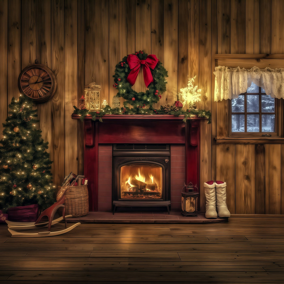 Fond De Noël En Bois Cheminée Rouge Rustique Grandes Toiles De Fond De Noël RR69-44