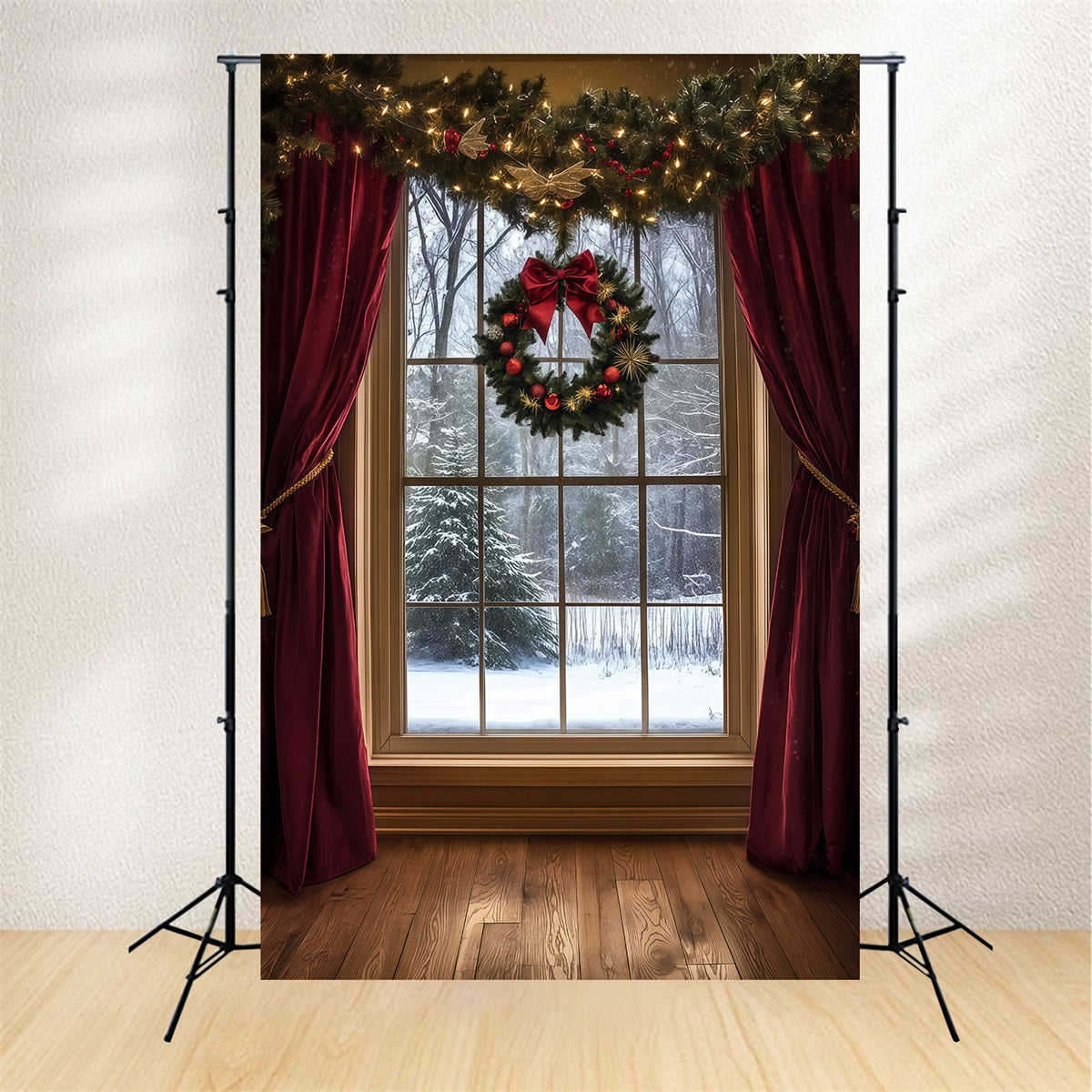Décor De Vitrine De Noël Rideau De Velours Snowy View Décor Photographique De Noël RR69-49