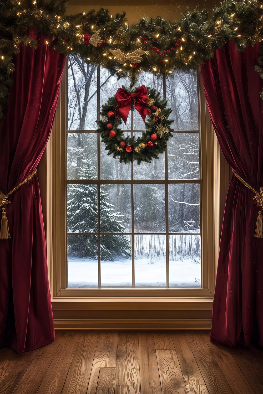 Décor De Vitrine De Noël Rideau De Velours Snowy View Décor Photographique De Noël RR69-49