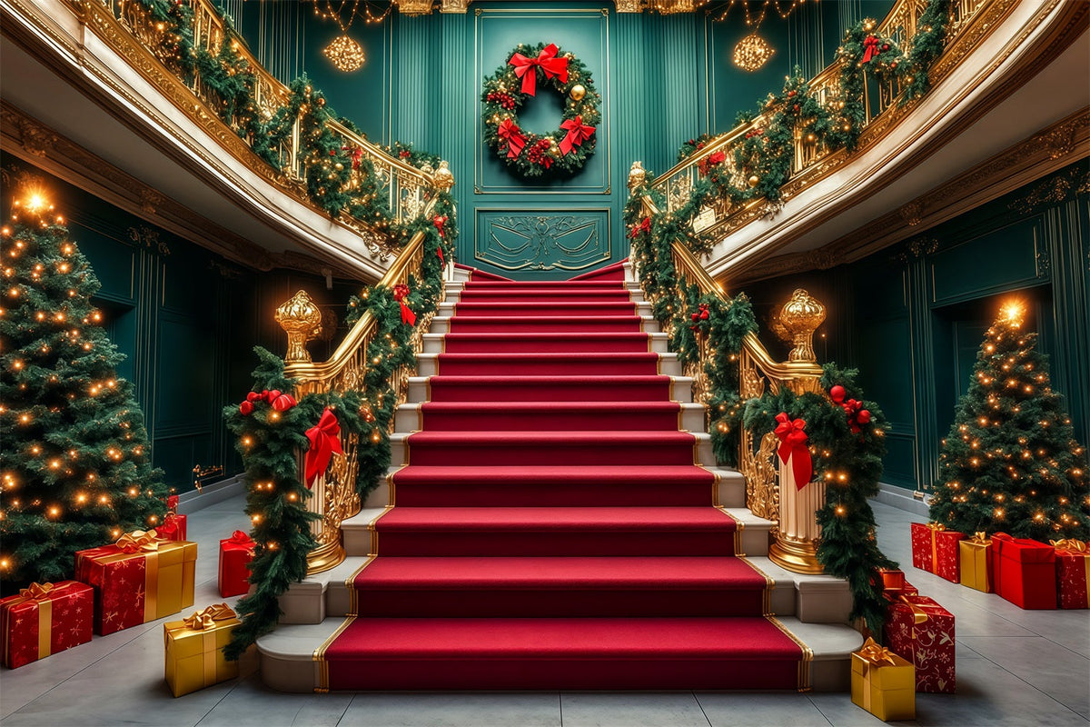Décor De Noël Élégant Grand Escalier Avec Guirlande Entrée Décors Muraux De Noël RR69-52