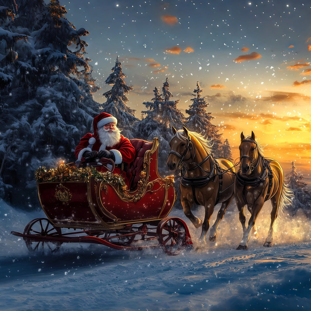 Décor De Noël Avec Le Père Noël Le Traîneau Du Père Noël Dans La Forêt Enneigée Fond Photographique De Noël RR69-54