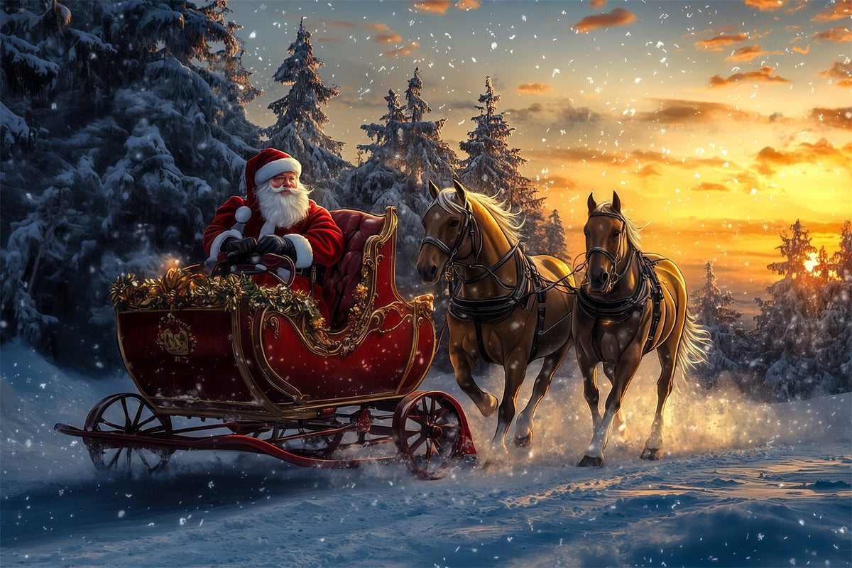 Décor De Noël Avec Le Père Noël Le Traîneau Du Père Noël Dans La Forêt Enneigée Fond Photographique De Noël RR69-54