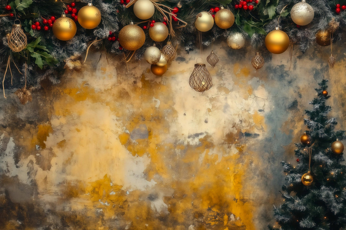 Fond De Boule De Noël Guirlande Murale D'Ornements Dorés Décors De Studio Pour Noël RR69-56