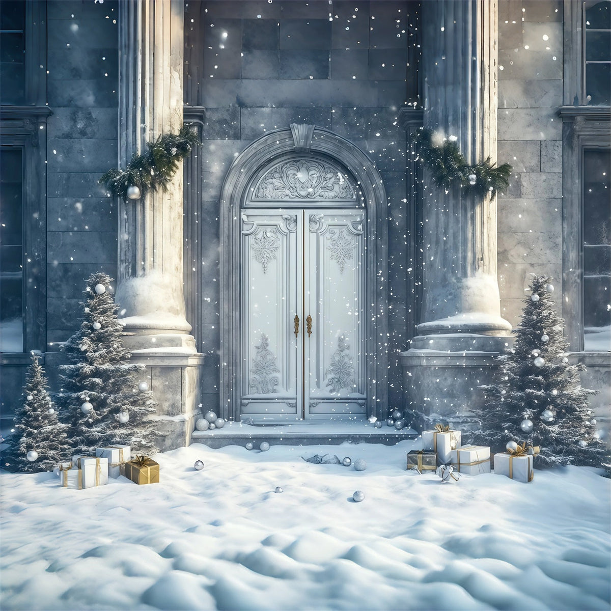 Décor De Maison De Noël Entrée Du Palais Enneigé Fond Photo De Noël RR69-57