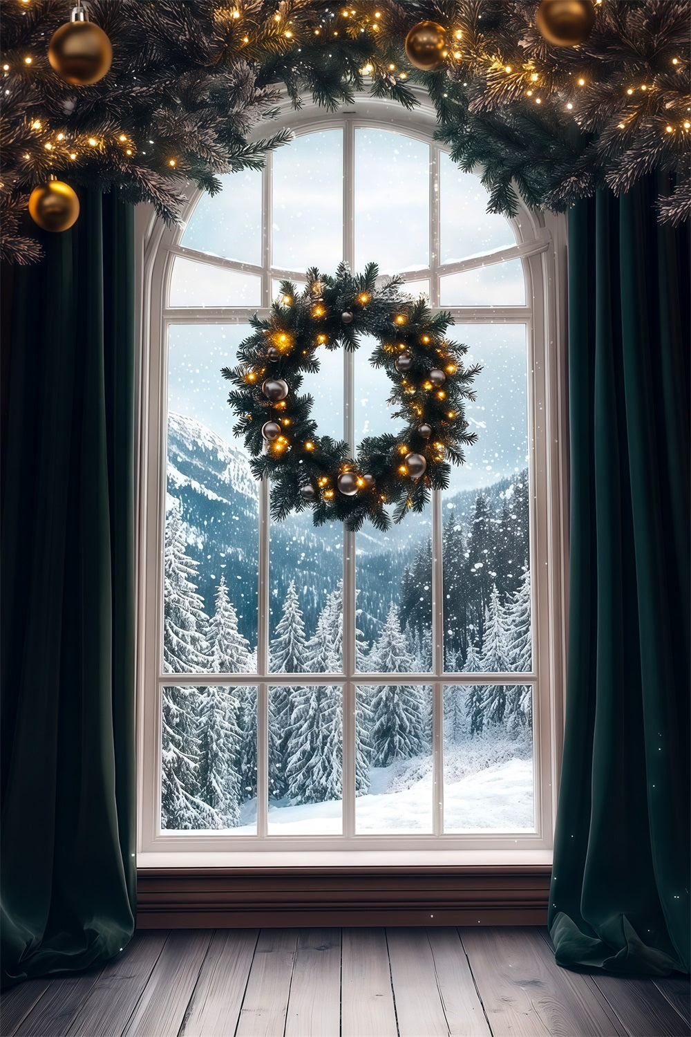 Décor De Vitrine De Noël Vue Enneigée De Wreath Mountain Décors De Noël Pour Photos RR69-58