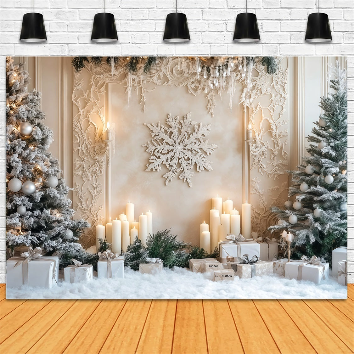 Fond De Sapin De Noël Blanc Mur De Flocons De Neige Givré Avec Bougie Fond Photo De Noël RR69-6