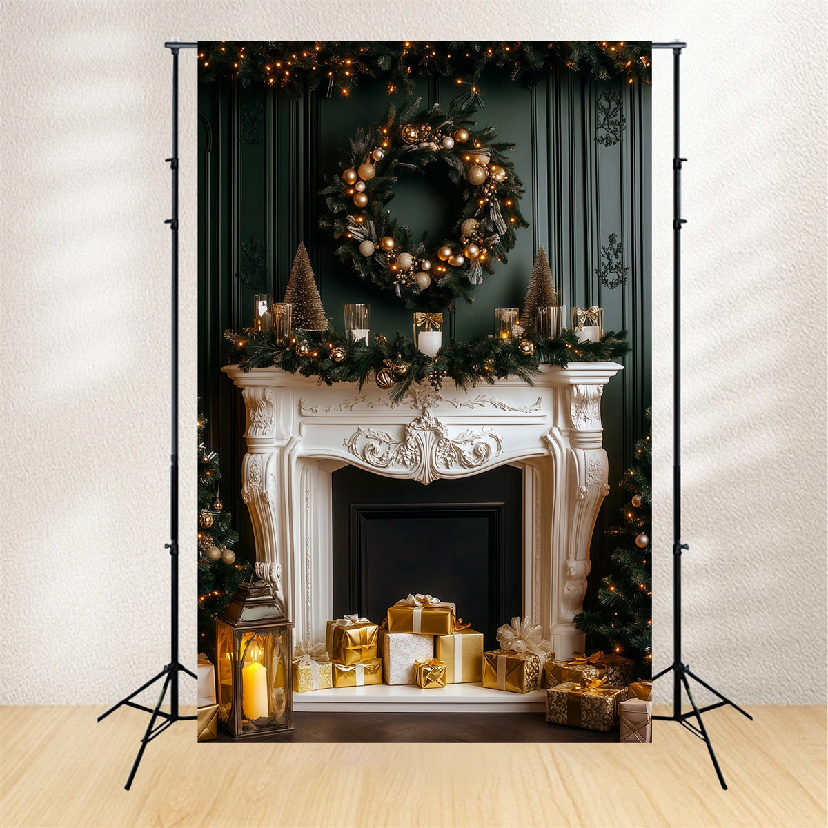 Cheminée De Noël En Toile De Fond Éclat Élégant De Cheminée Sombre Décor De Noël Pour Studio RR69-60