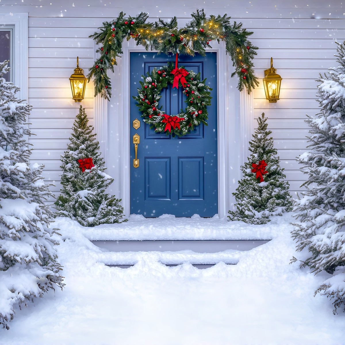Décor De Maison De Noël Couronne De Porte Bleue Fond Photo De Noël RR69-63