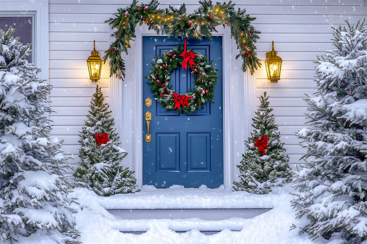 Décor De Maison De Noël Couronne De Porte Bleue Fond Photo De Noël RR69-63