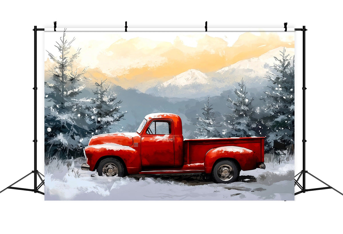 Fond De Noël Camion Rouge Forêt Enneigée De Vin Décor Mural De Noël RR69-65