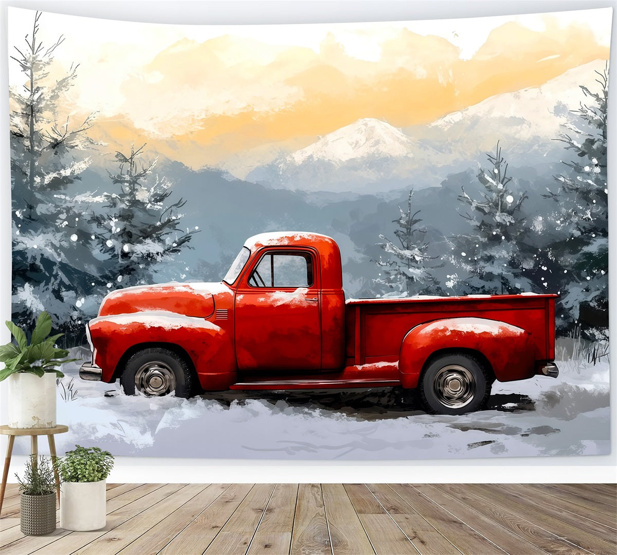 Fond De Noël Camion Rouge Forêt Enneigée De Vin Décor Mural De Noël RR69-65
