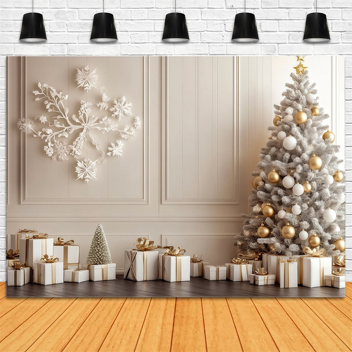 Décor Mural De Noël Arbre À Or Blanc Grandes Toiles De Fond De Noël RR69-7