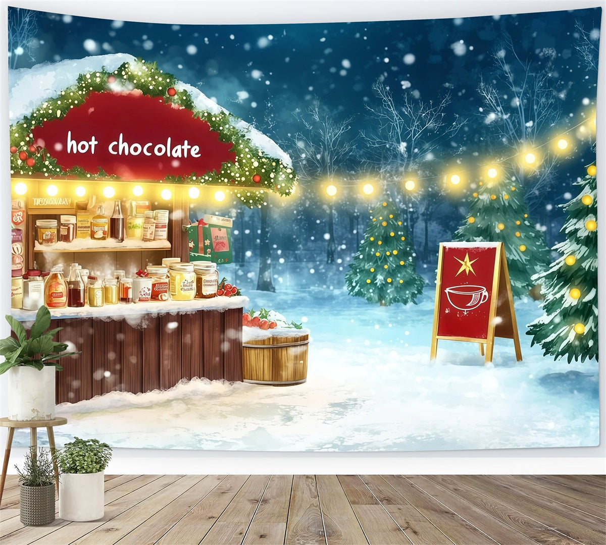 Décor De Noël Enneigé Marché Du Chocolat Chaud Décors Photographiques De Noël RR69-70