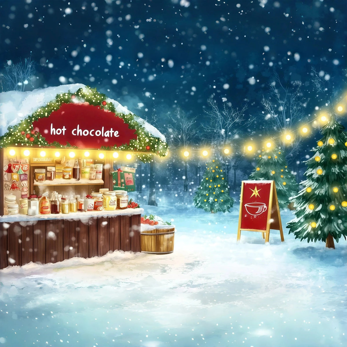 Décor De Noël Enneigé Marché Du Chocolat Chaud Décors Photographiques De Noël RR69-70