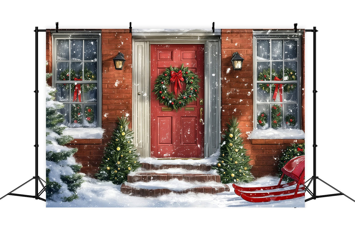 Décor De Maison De Noël Traîneau À La Porte Rouge Enneigée Décors Muraux De Noël RR69-72