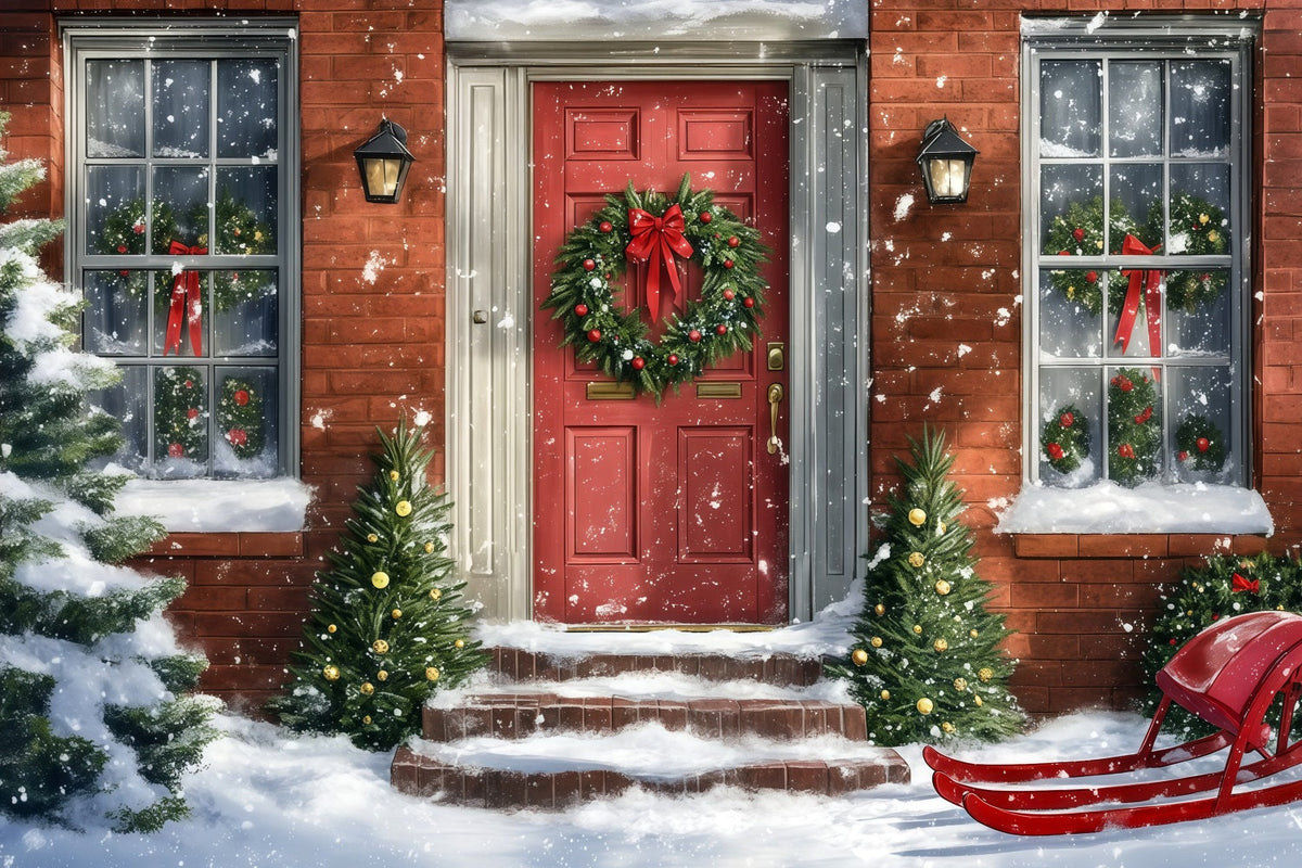 Décor De Maison De Noël Traîneau À La Porte Rouge Enneigée Décors Muraux De Noël RR69-72