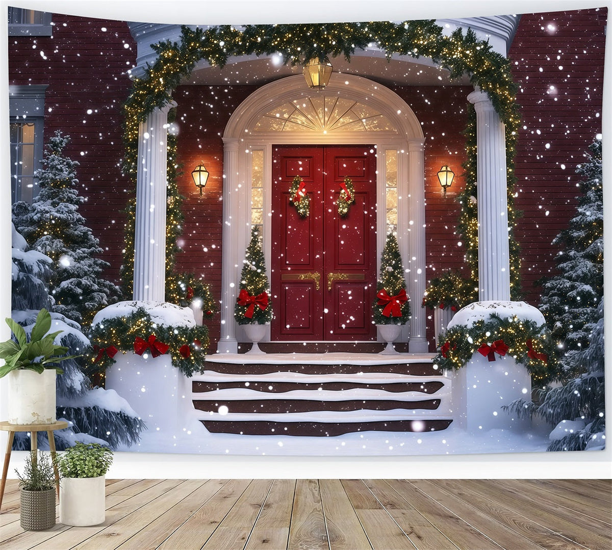 Décor De Maison De Noël Guirlande Enneigée De La Grande Entrée Fond Photographique De Noël RR69-74