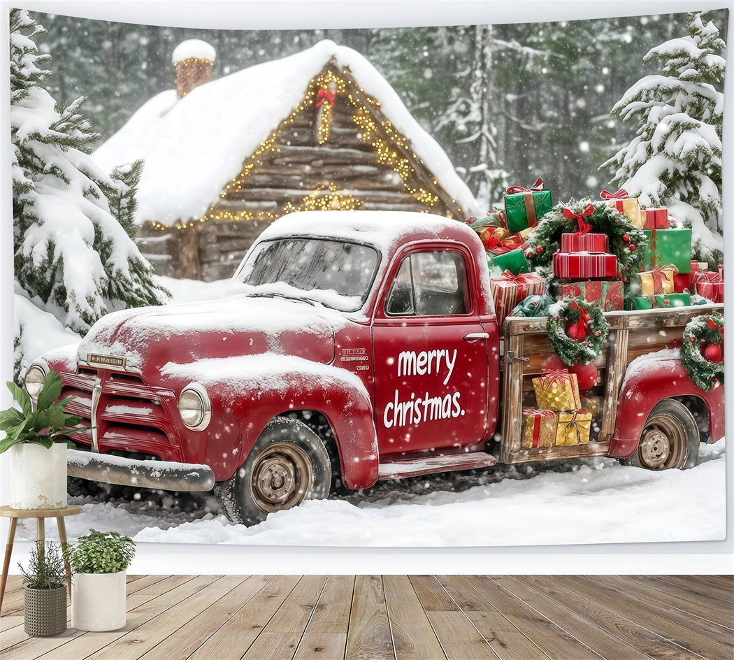 Fond De Camion De Noël Voiture De Cadeaux De La Forêt Enneigée Décors De Studio Pour Noël RR69-76
