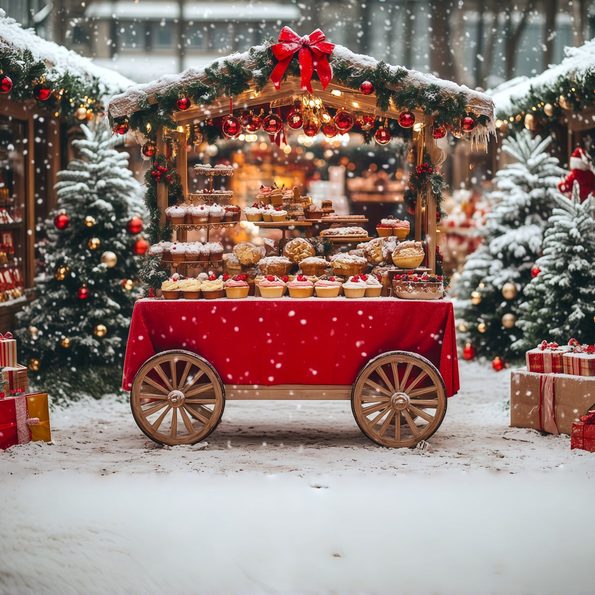 Décor De Noël Enneigé Marché Ambulant De Desserts Enneigés Fond Photo De Noël RR69-77