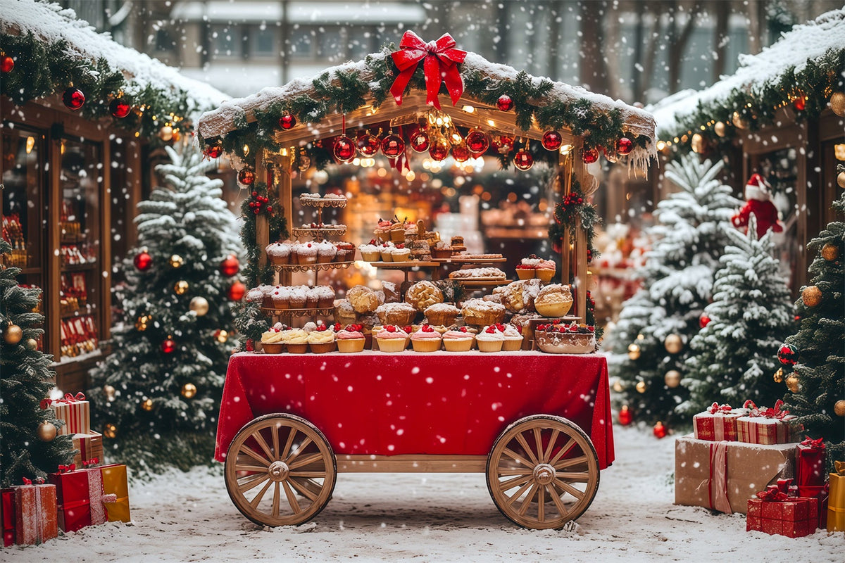Décor De Noël Enneigé Marché Ambulant De Desserts Enneigés Fond Photo De Noël RR69-77