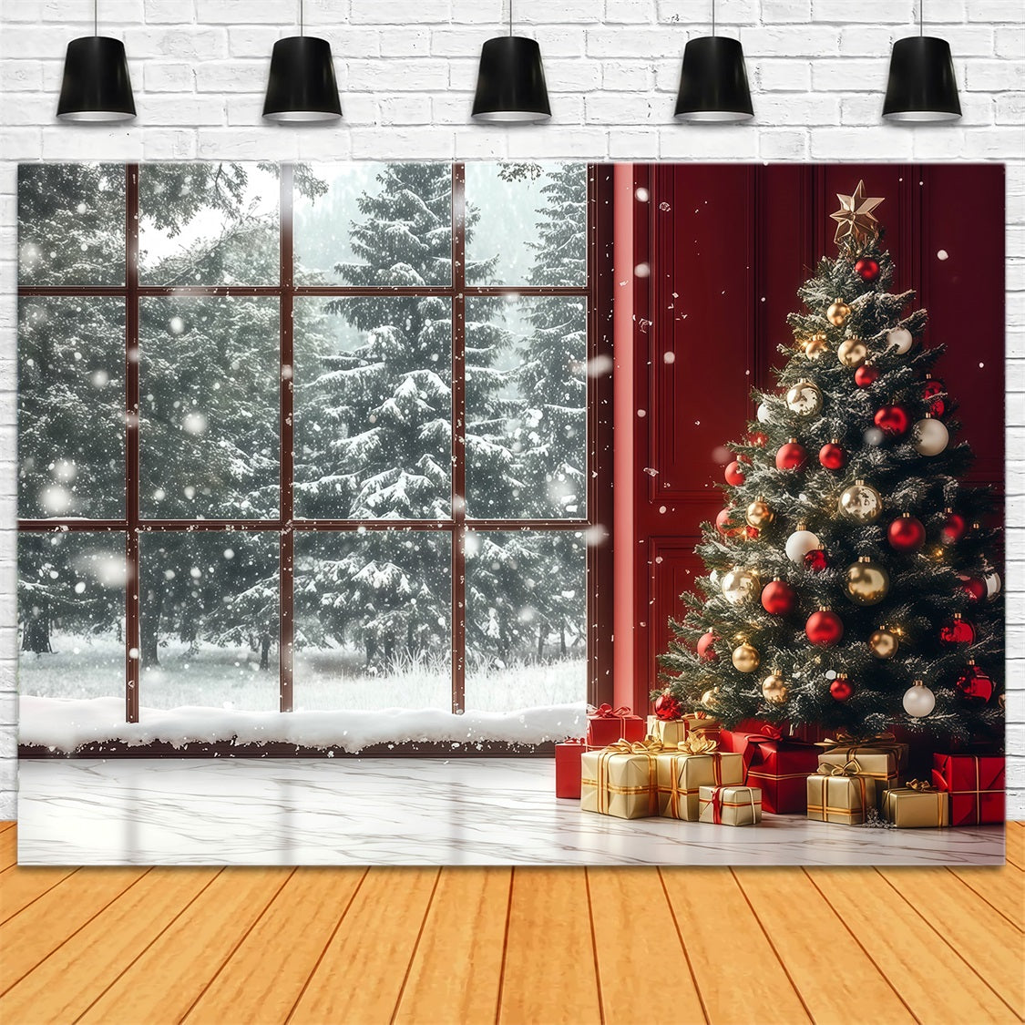 Décor De Vitrine De Noël Coin Enneigé De La Fenêtre Et De L'Arbre Décor Mural De Noël RR69-8