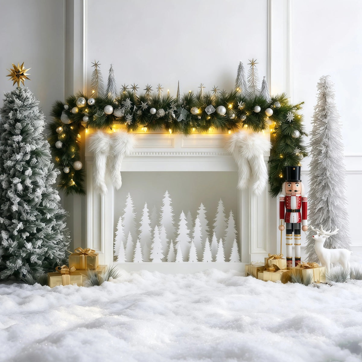 Décor De Noël Élégant Présentoir De Cheminée Silver Frost Décors De Noël Pour Studio RR69-81