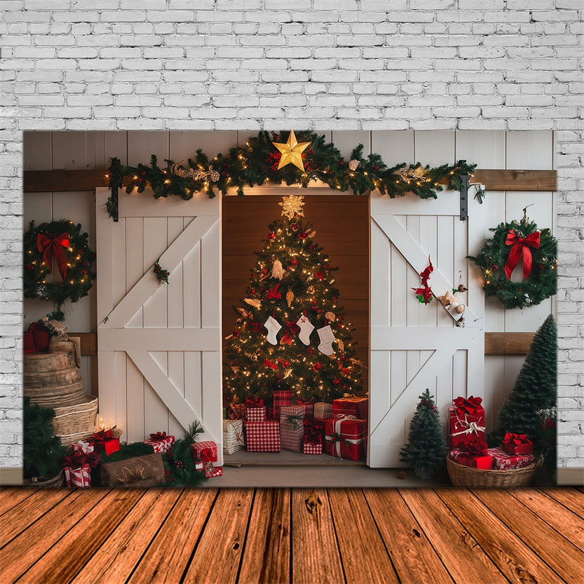 Décor De Porte De Grange De Noël Arbre De Grange Rustique Fond De Noël Professionnel RR69-86