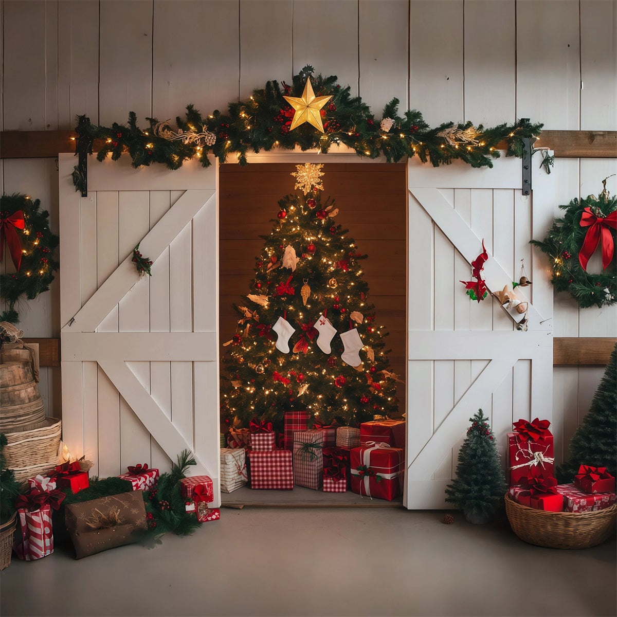 Décor De Porte De Grange De Noël Arbre De Grange Rustique Fond De Noël Professionnel RR69-86