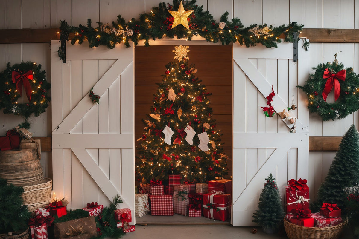 Décor De Porte De Grange De Noël Arbre De Grange Rustique Fond De Noël Professionnel RR69-86