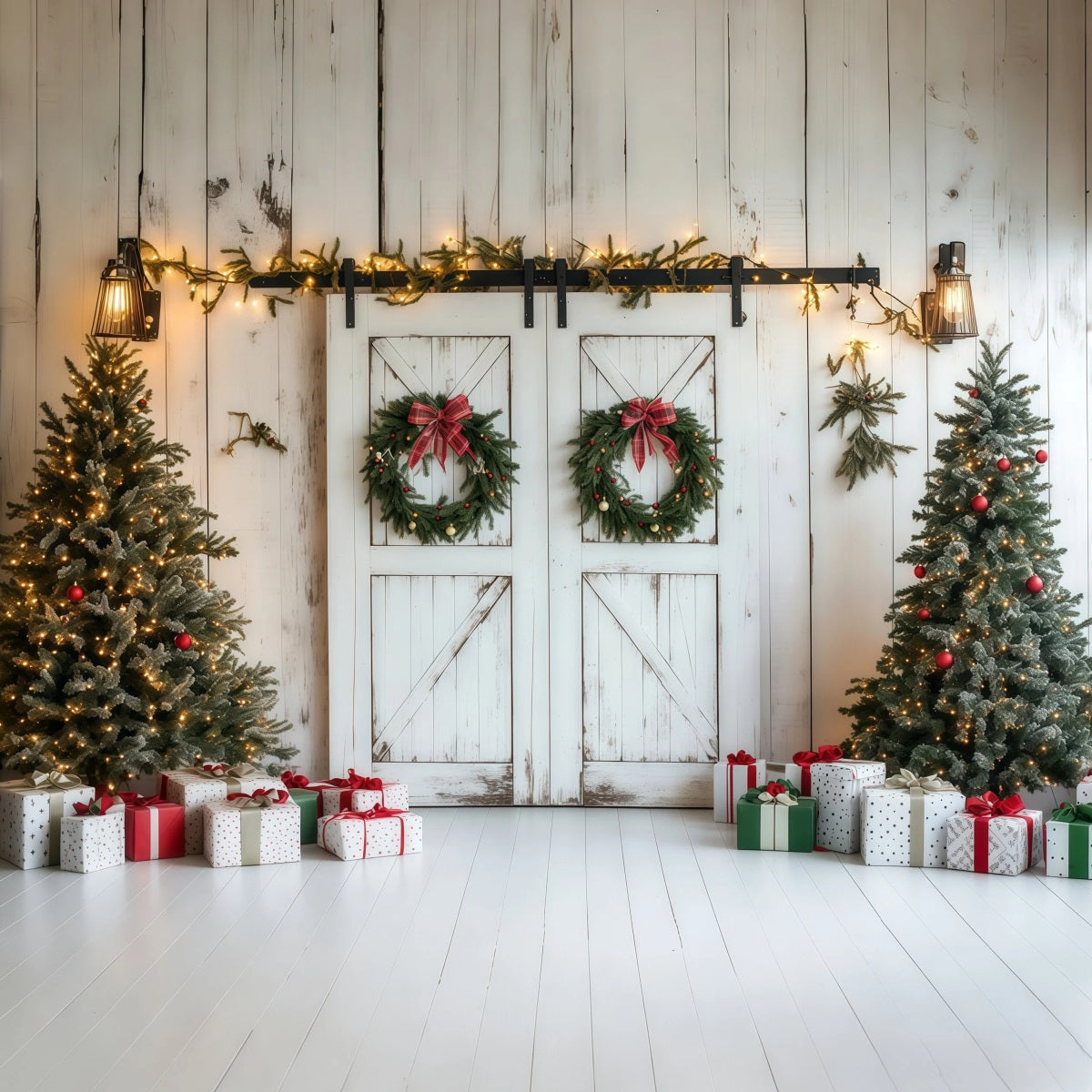 Décor De Porte De Grange De Noël Mur Rustique En Bois Blanc Fond Mural De Noël RR69-87