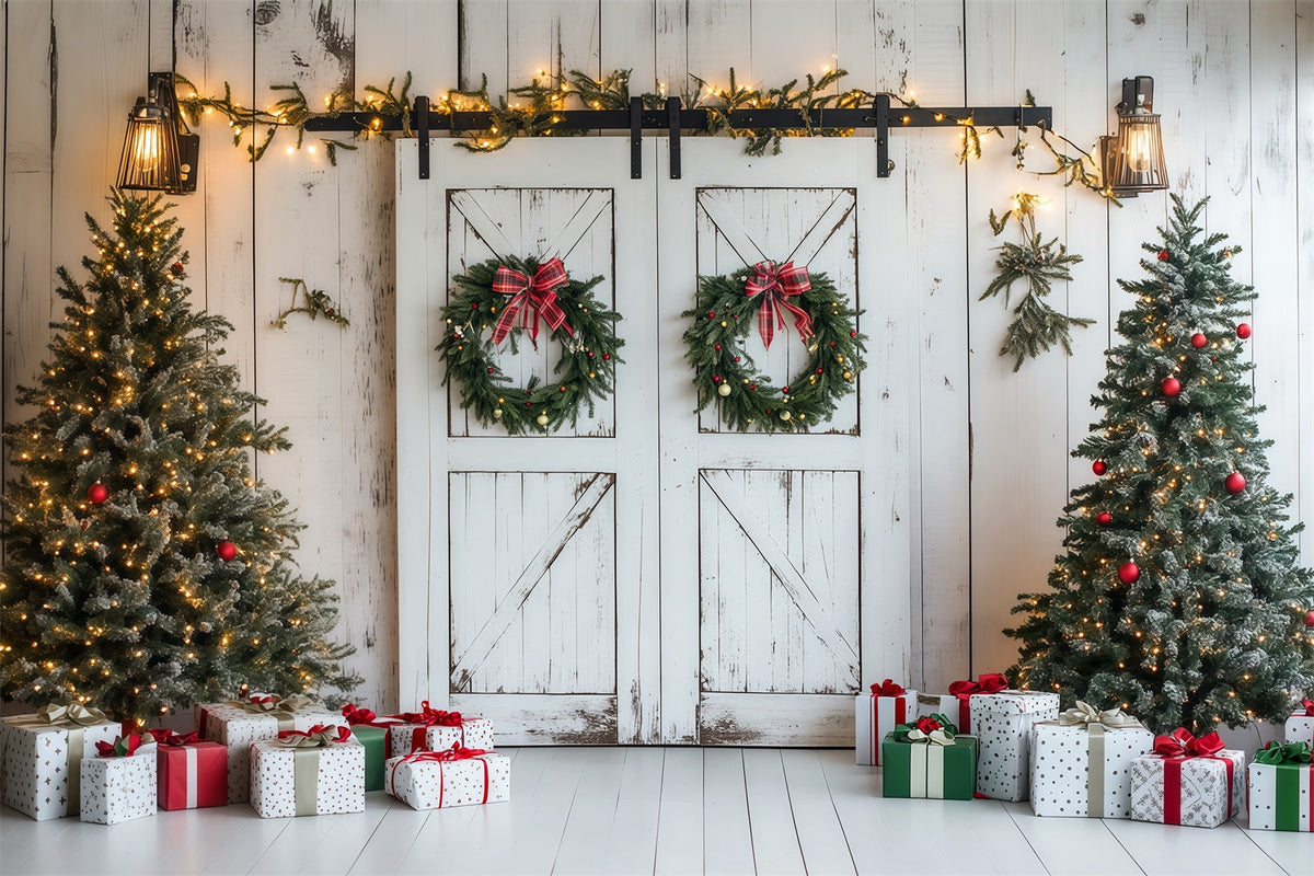 Décor De Porte De Grange De Noël Mur Rustique En Bois Blanc Fond Mural De Noël RR69-87