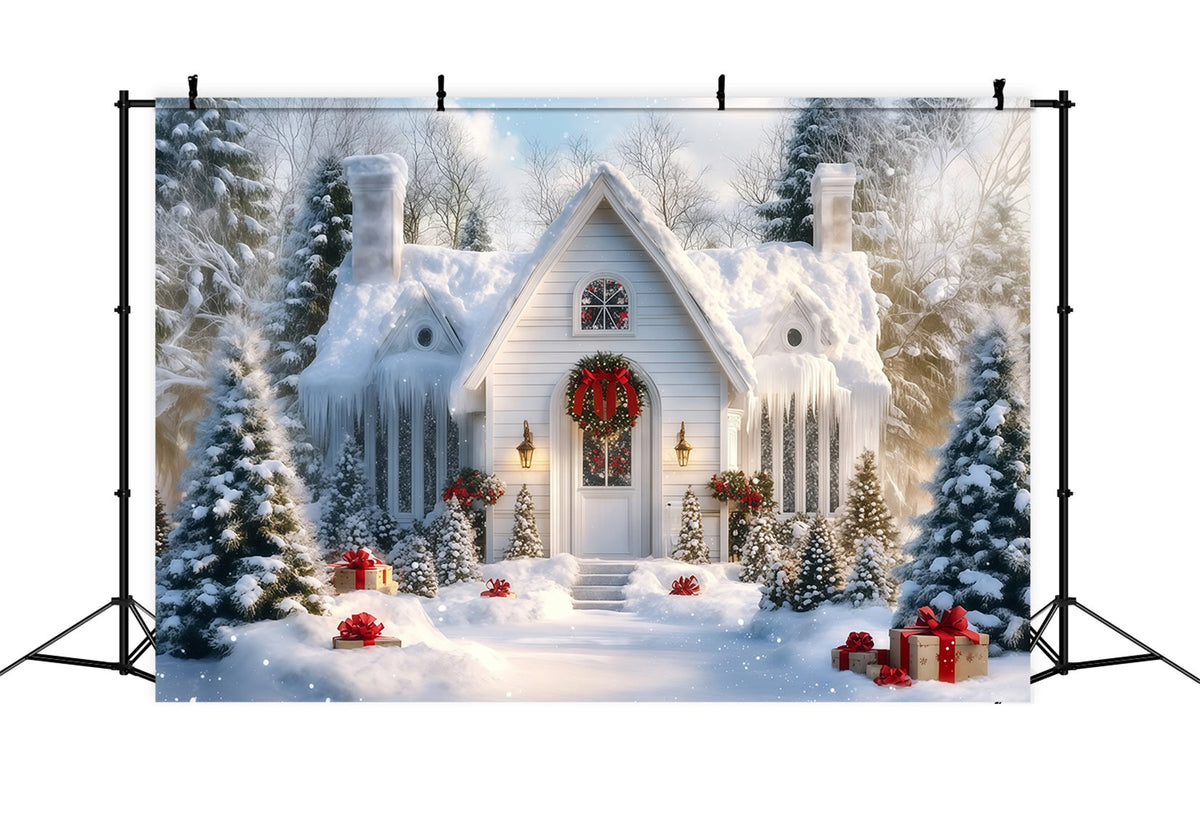 Décor De Noël Enneigé Porche De Chalet Blanc D'Hiver Fond De Noël En Mousseline RR69-88