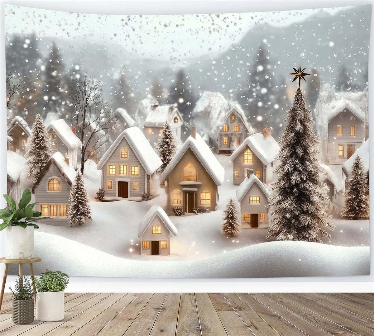 Décor De Noël D'Hiver Lueur De Neige Dans Le Village Fond En Mousseline De Noël RR69-89