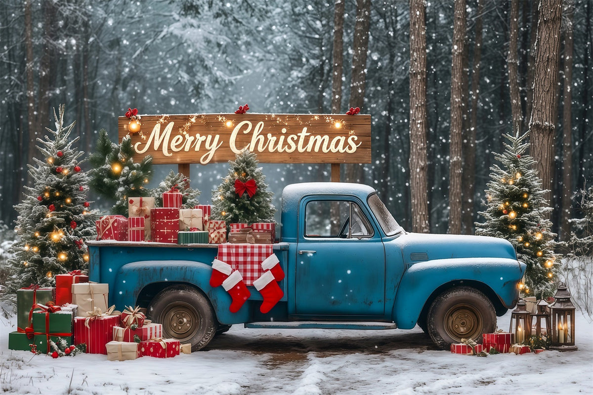 Forêt De Noël En Toile De Fond Camion Cadeau Vintage Bleu Décors Photographiques De Noël RR69-90