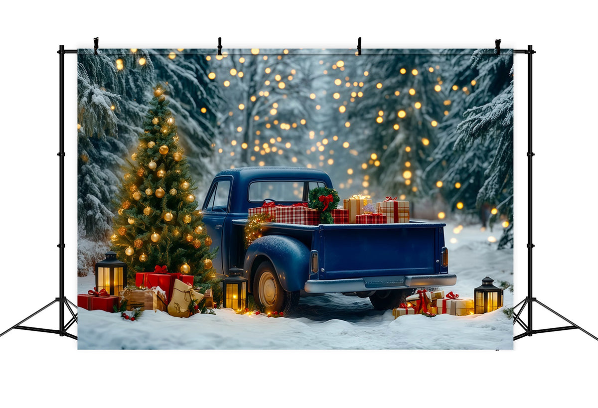 Fond De Camion De Noël Phares De Forêt Pour Camionnette Bleue Toiles De Fond En Mousseline De Noël RR69-91