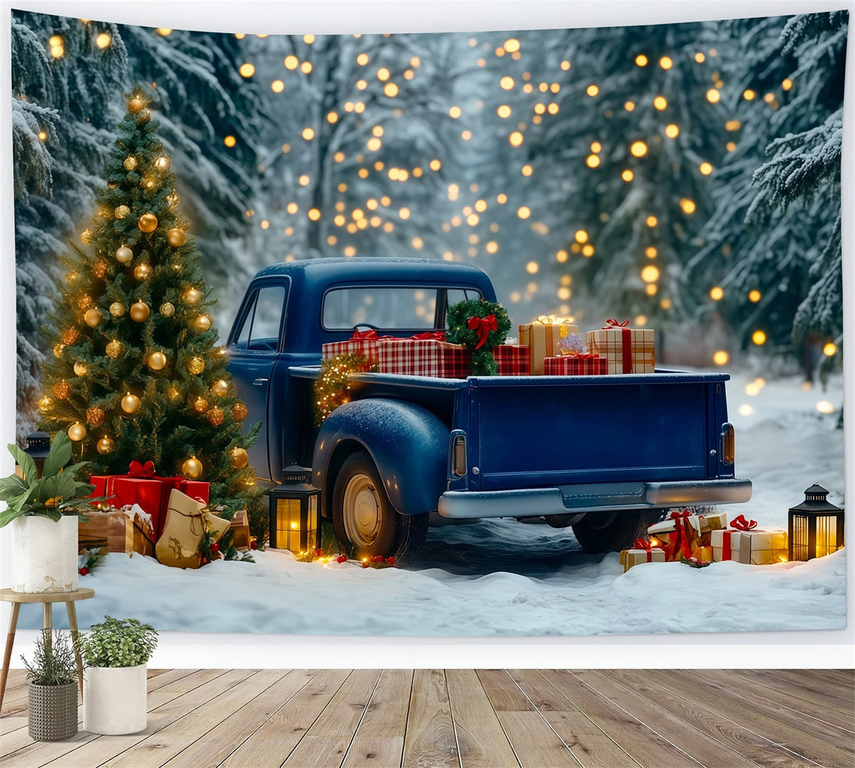 Fond De Camion De Noël Phares De Forêt Pour Camionnette Bleue Toiles De Fond En Mousseline De Noël RR69-91