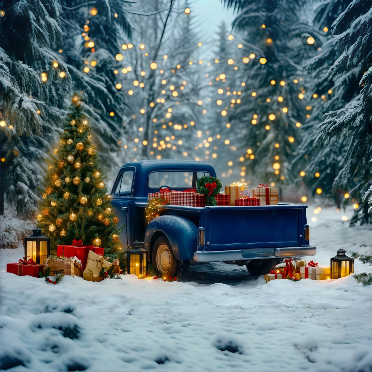 Fond De Camion De Noël Phares De Forêt Pour Camionnette Bleue Toiles De Fond En Mousseline De Noël RR69-91