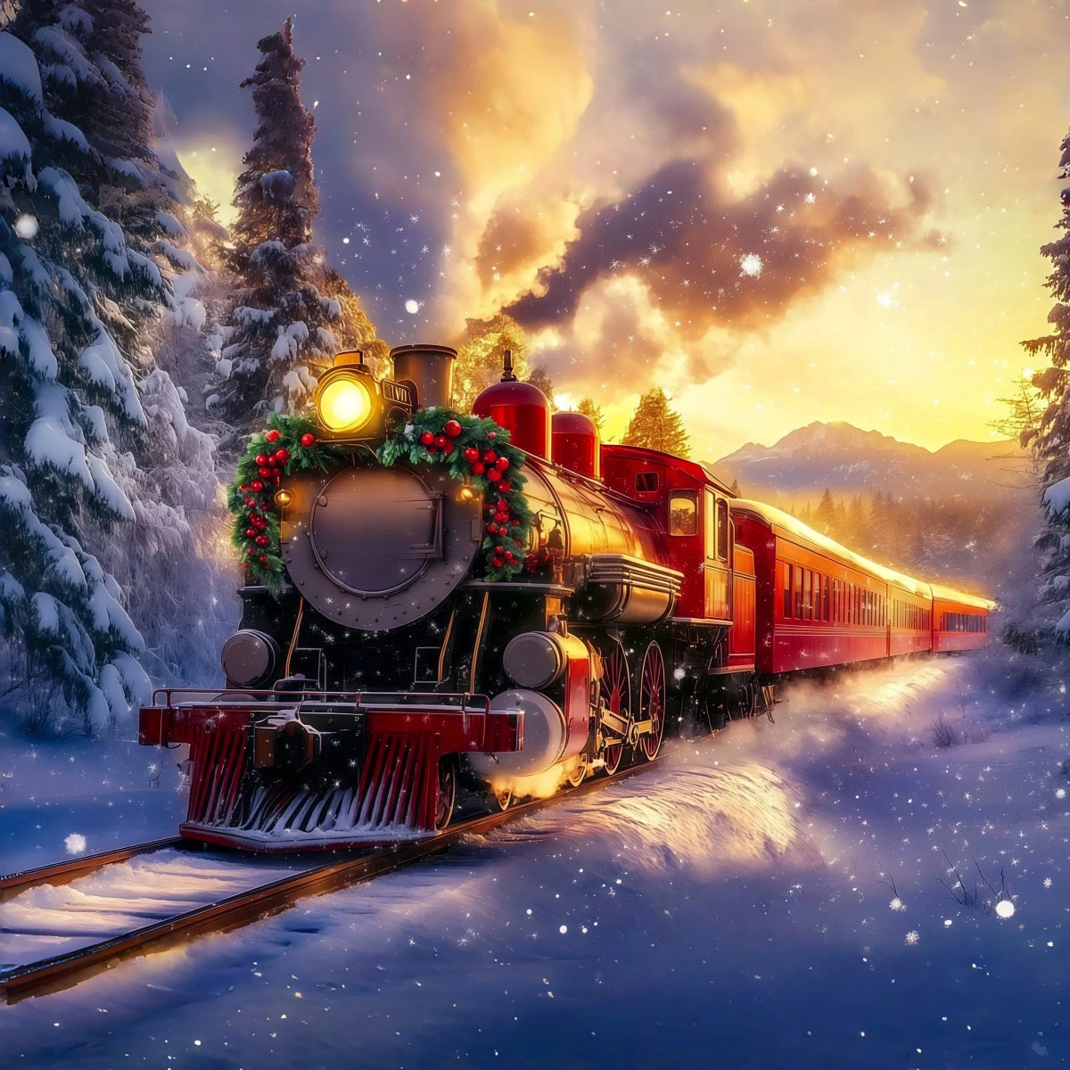 Fond De Train De Noël Train De Montagne Au Coucher Du Soleil Doré Décor Photo De Noël RR69-94