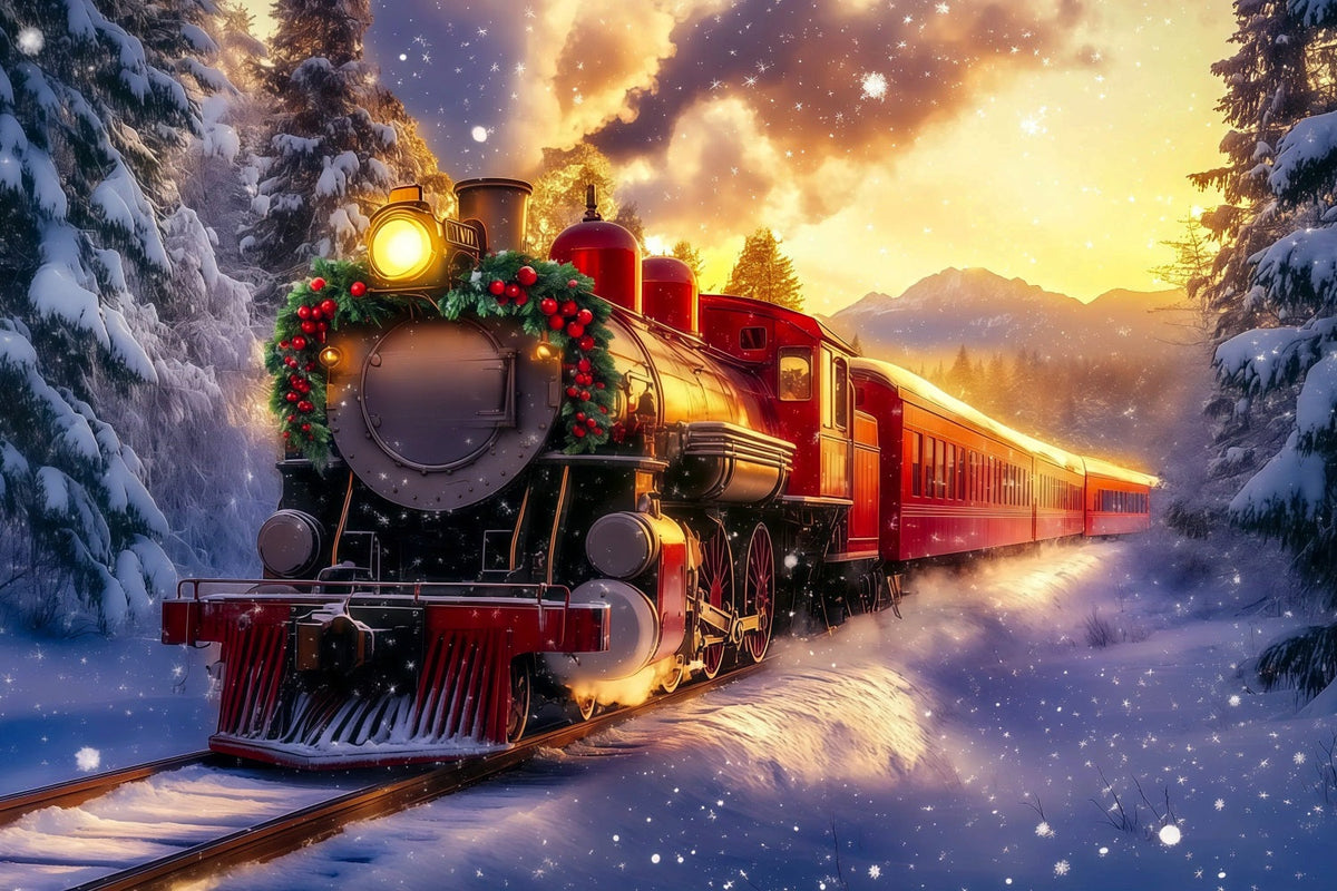 Fond De Train De Noël Train De Montagne Au Coucher Du Soleil Doré Décor Photo De Noël RR69-94