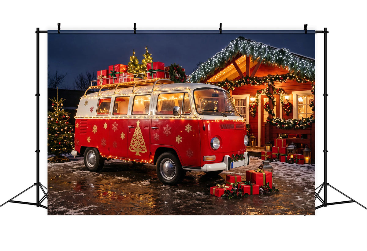 Décor Photographique De Camping-Car De Noël Cabine Confortable En Camionnette Rouge Décors Photo De Noël RR69-95