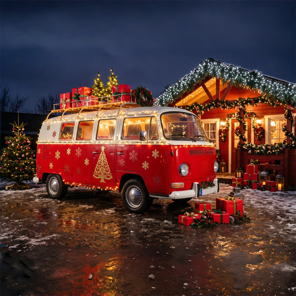 Décor Photographique De Camping-Car De Noël Cabine Confortable En Camionnette Rouge Décors Photo De Noël RR69-95