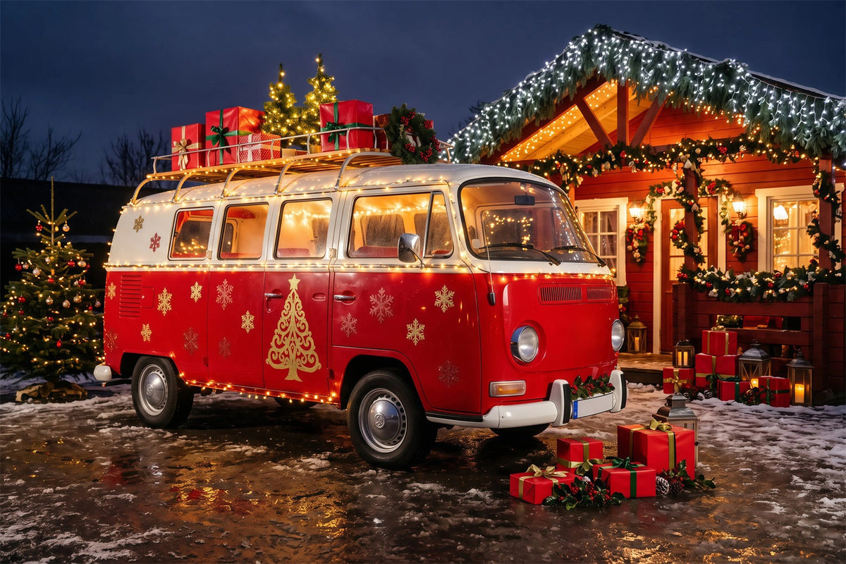 Décor Photographique De Camping-Car De Noël Cabine Confortable En Camionnette Rouge Décors Photo De Noël RR69-95