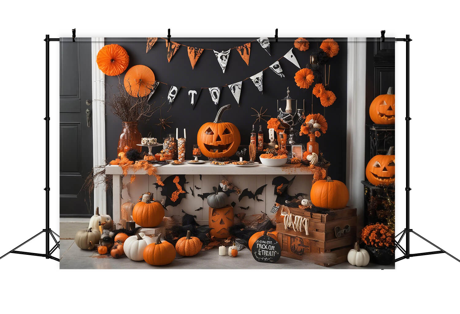 Toile de Fond de Photographie de Citrouilles et Chauves-Souris d'Halloween RR7-101