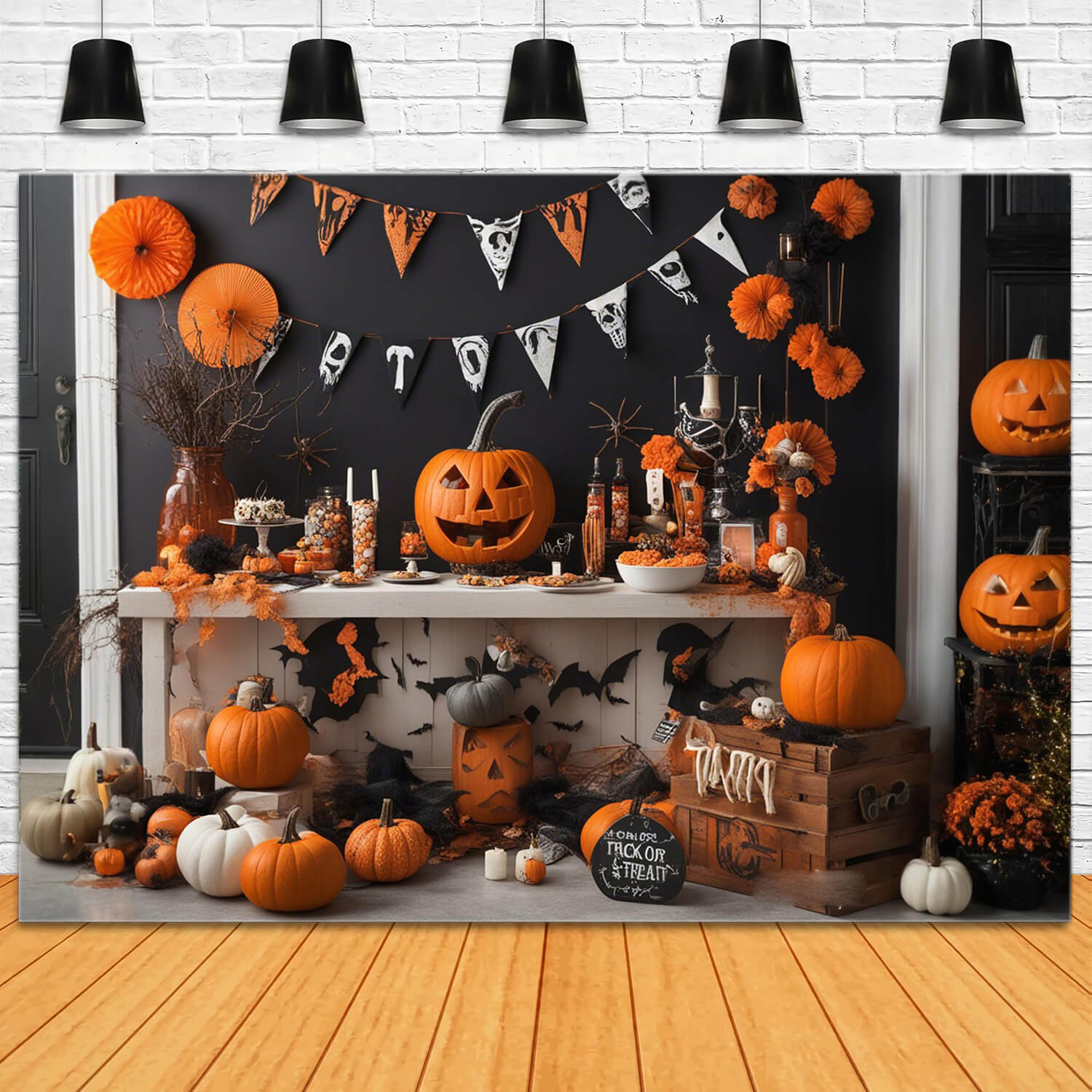 Toile de Fond de Photographie de Citrouilles et Chauves-Souris d'Halloween RR7-101