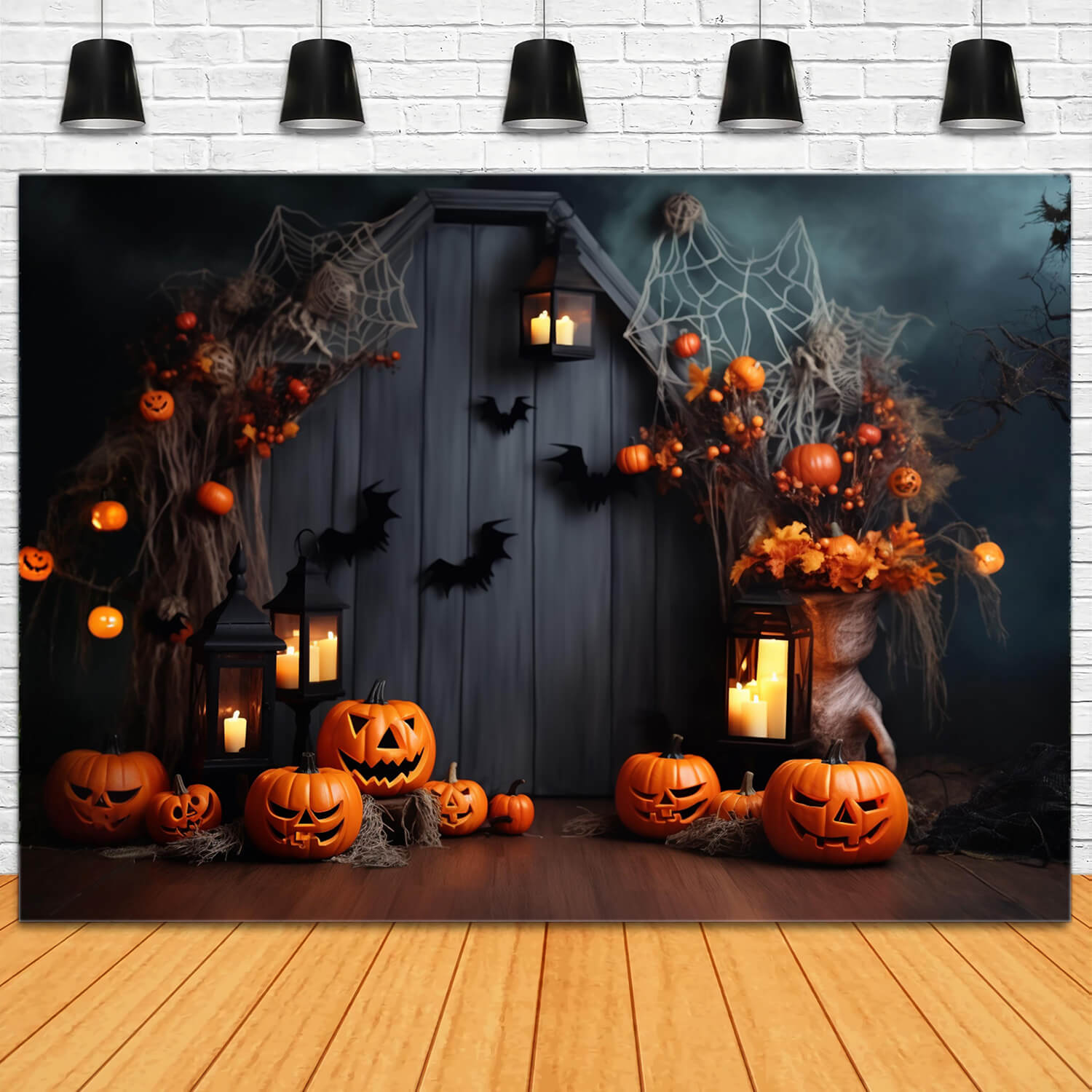 Toile de Fond de Lanternes Citrouilles et Chauves-Souris d'Halloween RR7-102